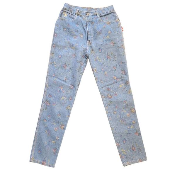 Vintage Braxton Jeans Women's 27 Blue Floral Print Slim Taper Mom 1990s - Picture 1 of 5